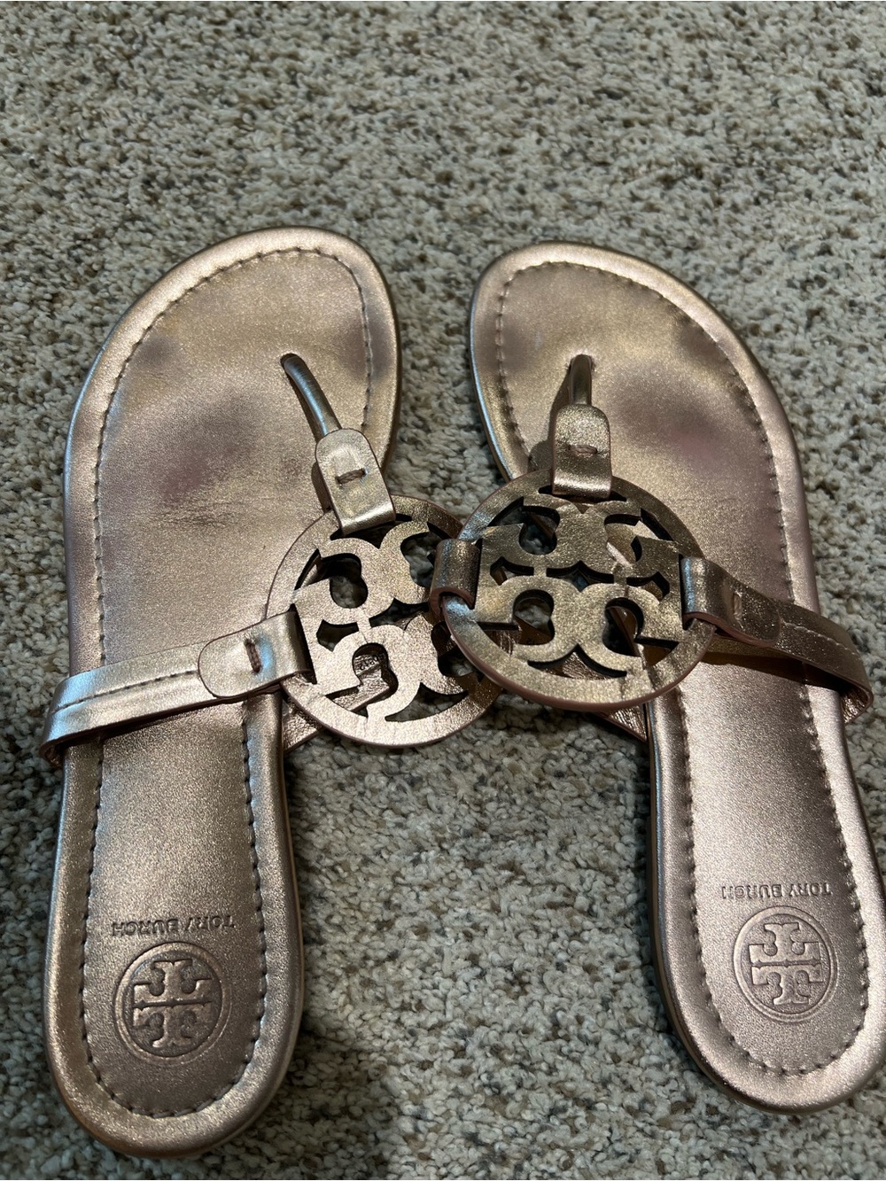Tory Burch Metallic Rose Gold Logo Thong Sandals
